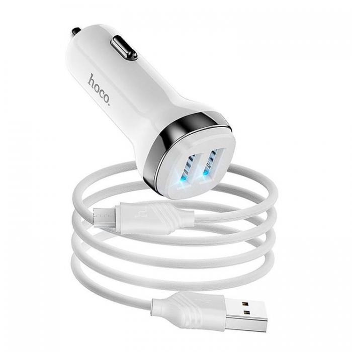 Hoco - HOCO Billaddare 2xUSB-A + Kabel USB-A Till Micro-USB 2,4A - Vit