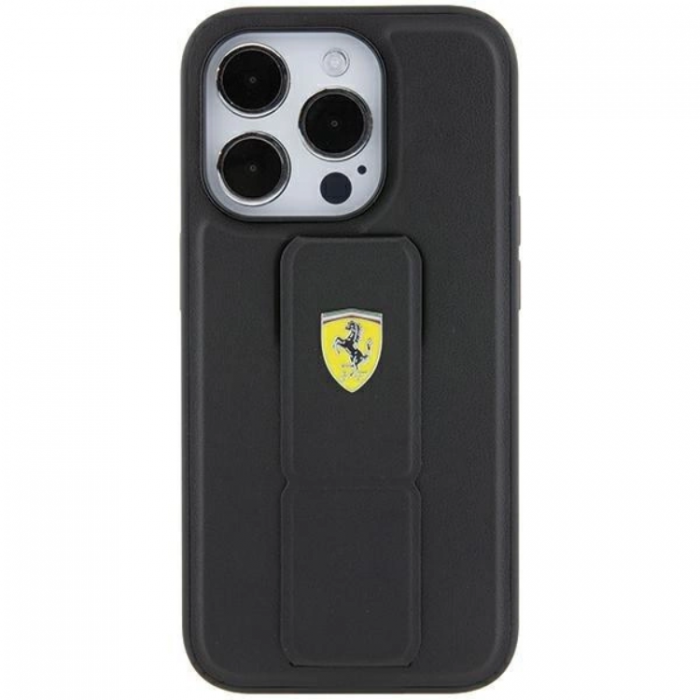 Ferrari - Ferrari iPhone 15 Pro Mobilskal Grip Stand Metal Logo - Svart