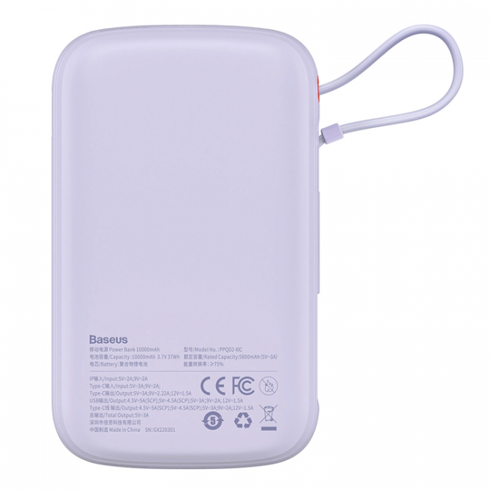 BASEUS - Baseus Powerbank Qpow 10000mAh USB Typ-C Kabel 22.5W - Lila