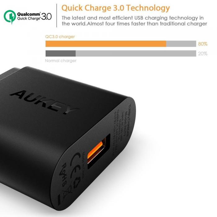 UTGATT5 - Aukey Qualcomm Certified Quick charger 3.0 - Svart