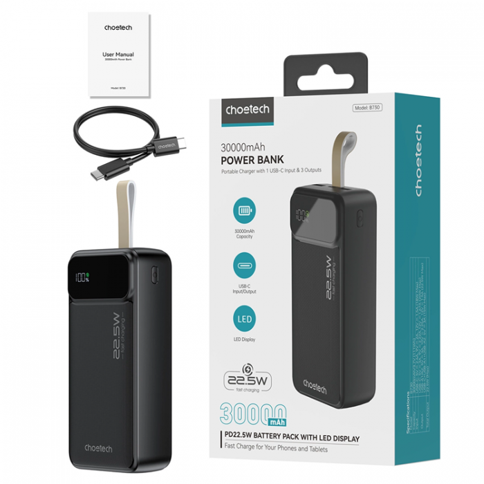 Choetech - Choetech Powerbank 30000mAh 22.5W PD USB-C, USB-A - Svart