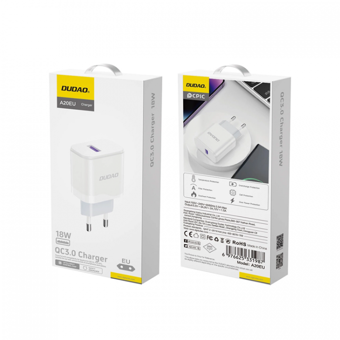 Dudao - Dudao Vggladdare Adaptrar USB-A 18W - Vit