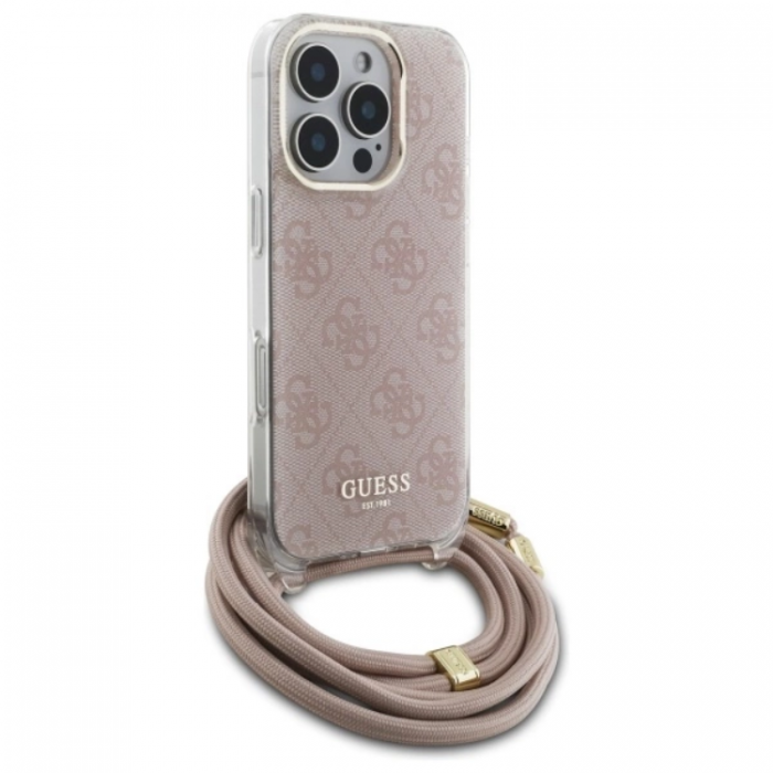 Guess - Guess iPhone 16 Pro Mobilskal Crossbody Cord 4G Print - Rosa