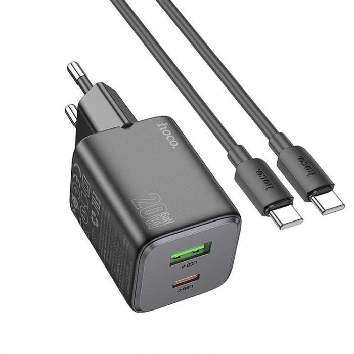 Hoco - Hoco Vggladdare 1xUSB-C 1xUSB-A 20W + USB-C Kabel N41 - Svart