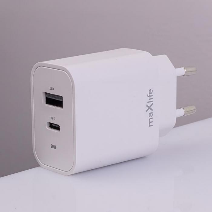 Maxlife - Maxlife Vggladdare USB/USB-C 20W med Lightning Kabel PD QC