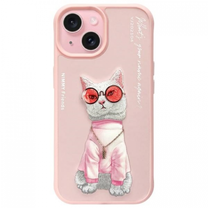 NIMMY - Nimmy iPhone 15 Mobilskal Glasses Cool Cat - Rosa