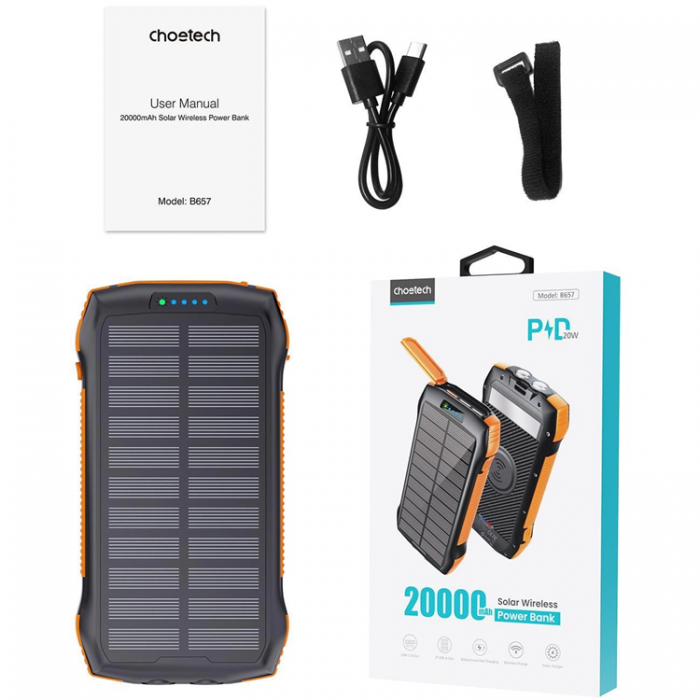 Joyroom - Choetech Solar Powerbank 20000mAh PD 20W/QC 18W/Qi 10W - Orange