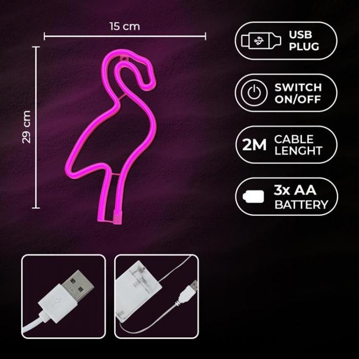 Forever Light - Forever Light LED Neon Light Flamingo Bat + USB FLNE18 - Rosa