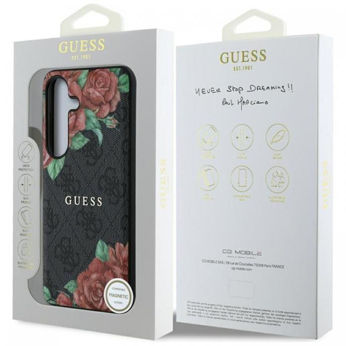 Guess - Guess Galaxy S25 Mobilskal MagSafe Flowers Print Metal Logo - Svart