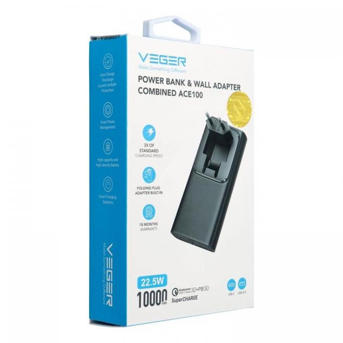 Veger - VEGER Powerbank 10000 mAh PD QC 3.0 20W ACE100 - Svart