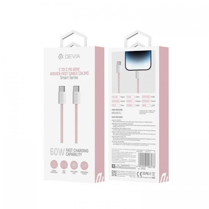 Devia - Devia USB-C Till USB-C 60W Kabel 3A 1m Smart EC325 PD Rosa