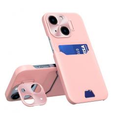 A-One Brand - iPhone 14 Plus Skal Korthållare Läder Kickstand - Rosa