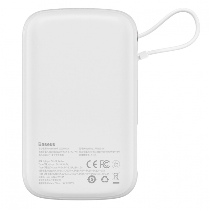 BASEUS - Baseus Powerbank Qpow 10000mAh USB Typ-C Kabel 22.5W - Vit