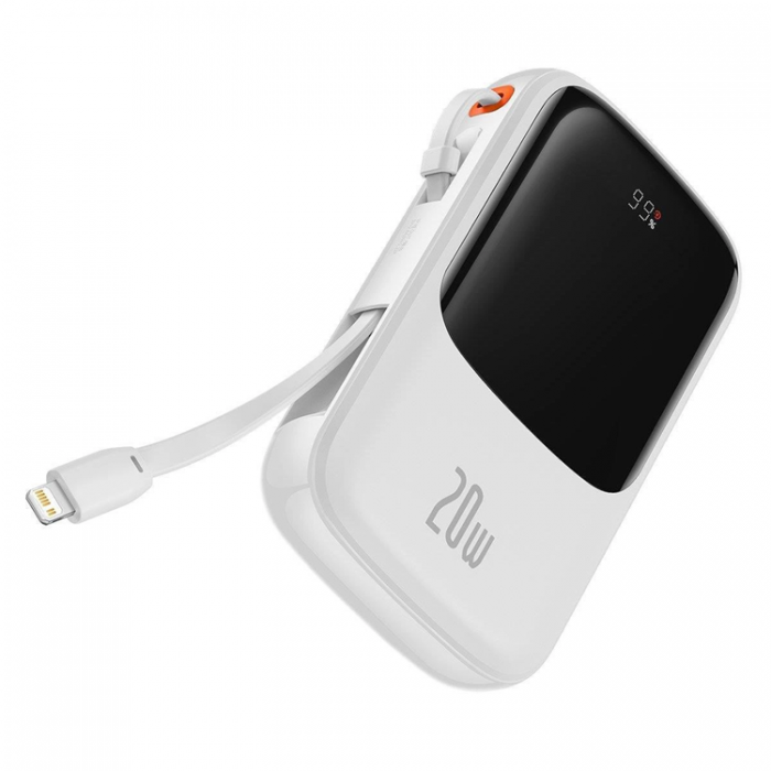 BASEUS - Baseus Powerbank Qpow 10000mAh 20W med Inbyggd Lightning Kabel - Vit