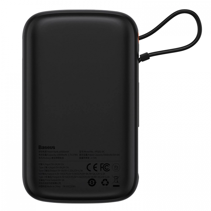 BASEUS - Baseus Powerbank Qpow 10000mAh 22.5W med Inbyggd USB-C Kabel - Svart