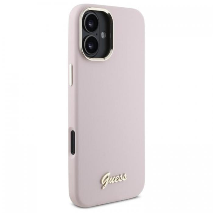 Guess - Guess iPhone 16 Plus Mobilskal Silikon Script Metal Logo - Rosa