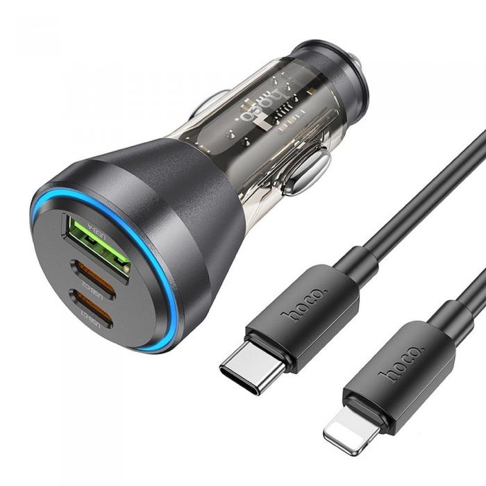 Hoco - Hoco Billaddare 2xUSB-C 1xUSB-A Med Lightning Kabel - Svart