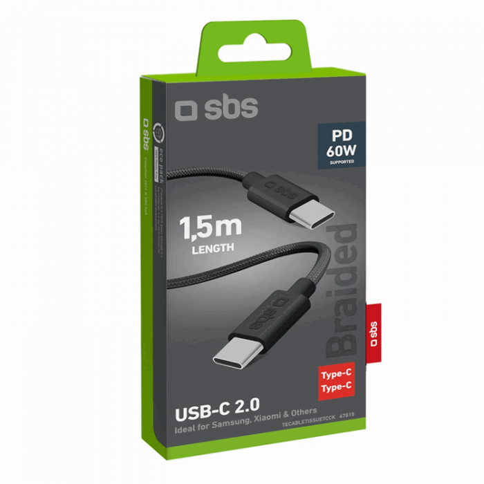 SBS - SBS USB-C - USB-C Kabel 1.5m 60W Braided - Svart