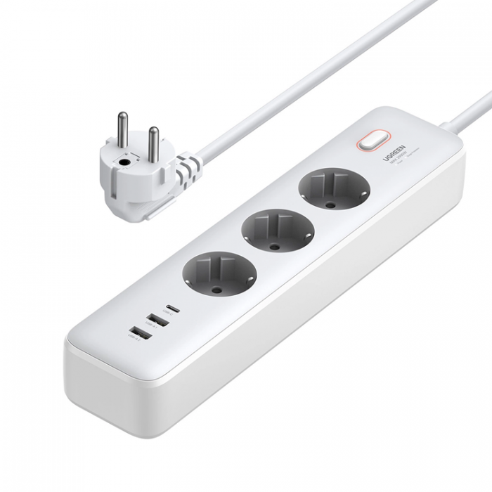 Ugreen - Ugreen Frlngningskabel 30W Med Strmbrytare 3xAC 1xUSB-C 2xUSB-A - Vit