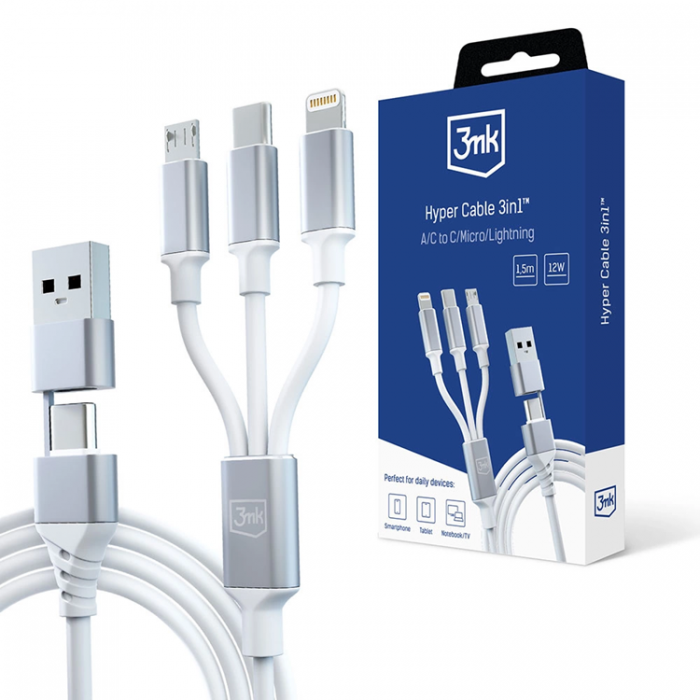 3MK - 3mk 3in1 USB-A till USB-C, Lightning, microUSB kabel 1.5m