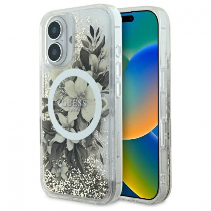 Guess - Guess iPhone 16 Mobilskal MagSafe Liquid Glitter Flower