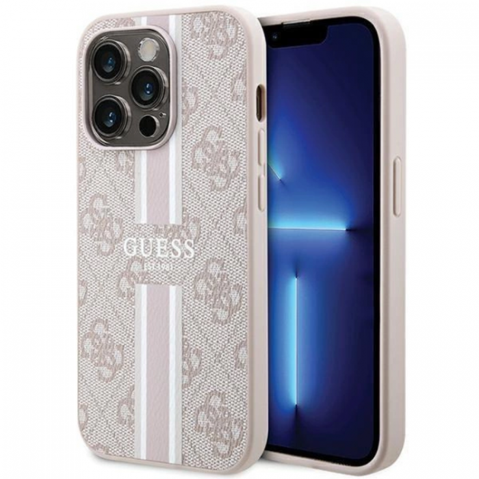 Guess - Guess iPhone 15 Pro Max Mobilskal Magsafe Printed Stripes - Rosa