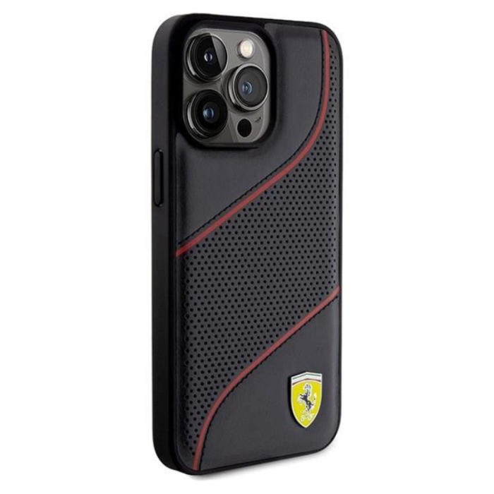 Ferrari - Ferrari iPhone 15 Pro Max Mobilskal Perforated Waves Metal Logo - Svart