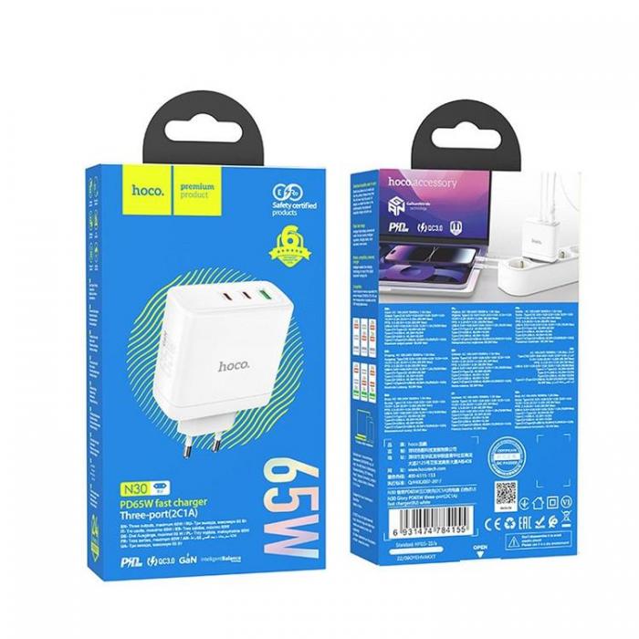 Hoco - Hoco Vggladdare 2 x Type C + USB A 65W GaN - Vit