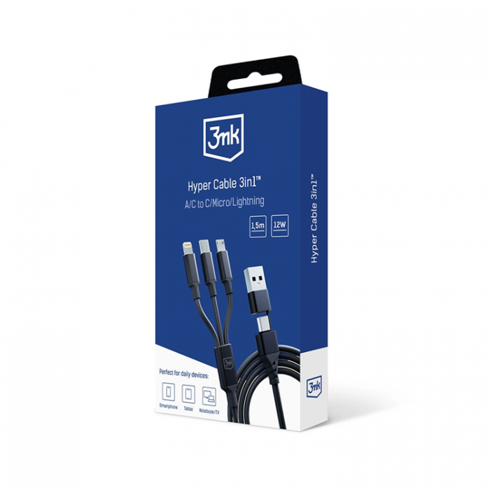 3MK - 3mk 3in1 USB-A till USB-C, Lightning, microUSB kabel 1.5m