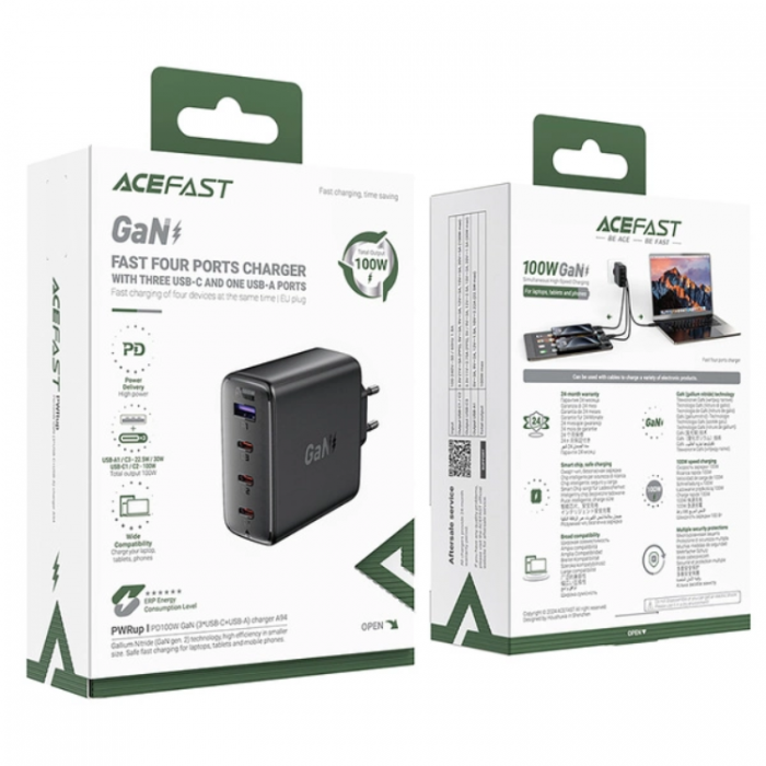 Acefast - Acefast Snabbladdare 100W A94 GaN2 USB-A/3x USB-C PD - Svart