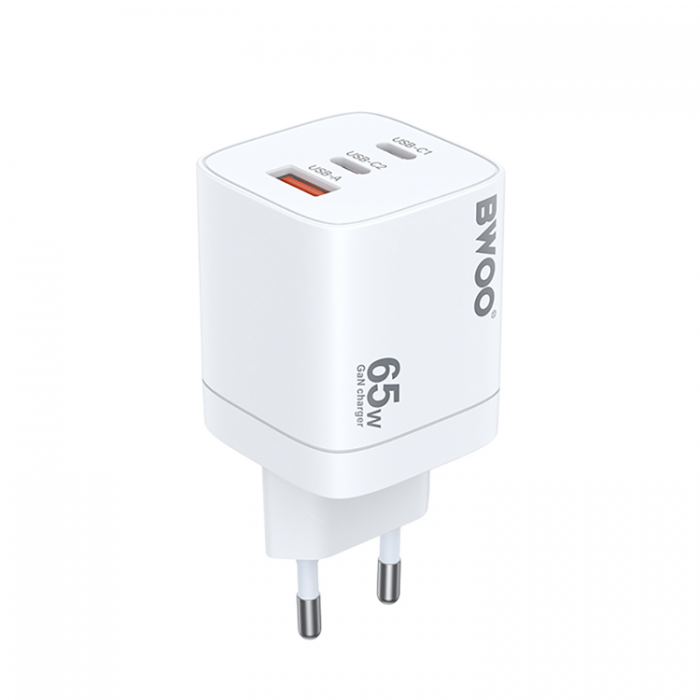 BWOO - BWOO GaN Vggladdare 65W 2xUSB-C 1xUSB-A - Vit