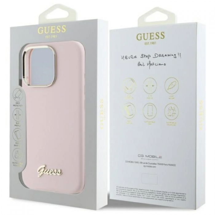 Guess - Guess iPhone 16 Pro Max Mobilskal Silikon Script Metal Logo - Rosa