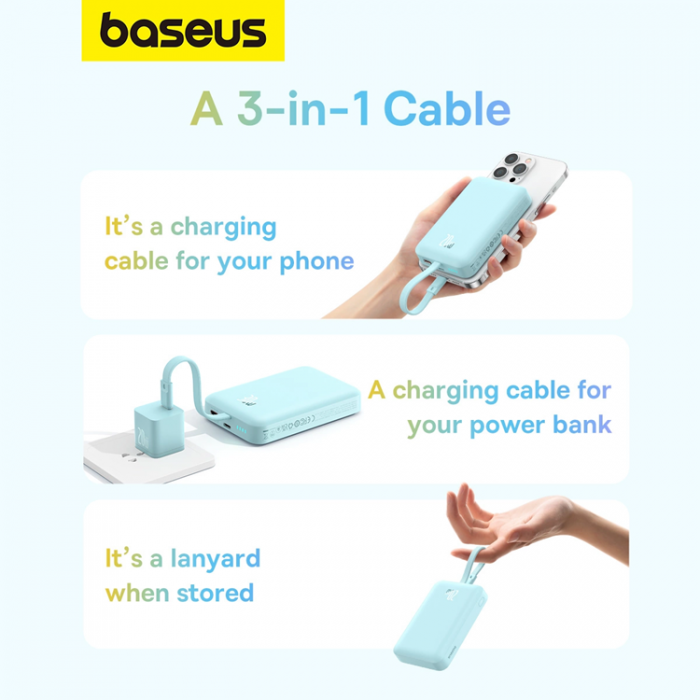 BASEUS - Baseus Magsafe Powerbank 10000mAh 20W Med Built-in Lightning Kabel - Bl