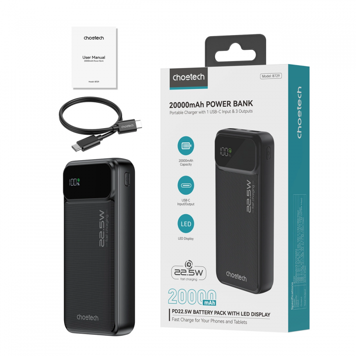 Choetech - Choetech Powerbank 20000mAh 22.5W PD USB-C, USB-A - Svart