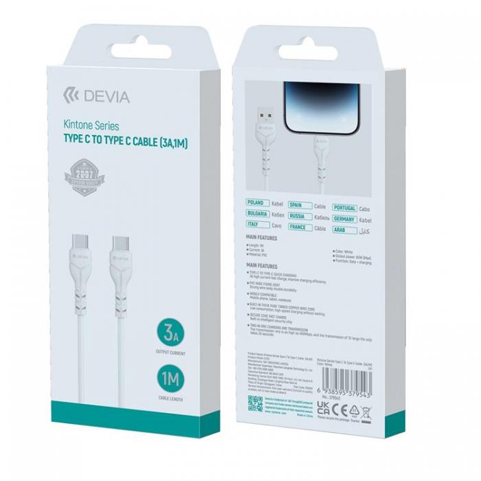 Devia - Devia USB-C Till USB-C Kabel 3A 1m Kintone EC151 - Vit