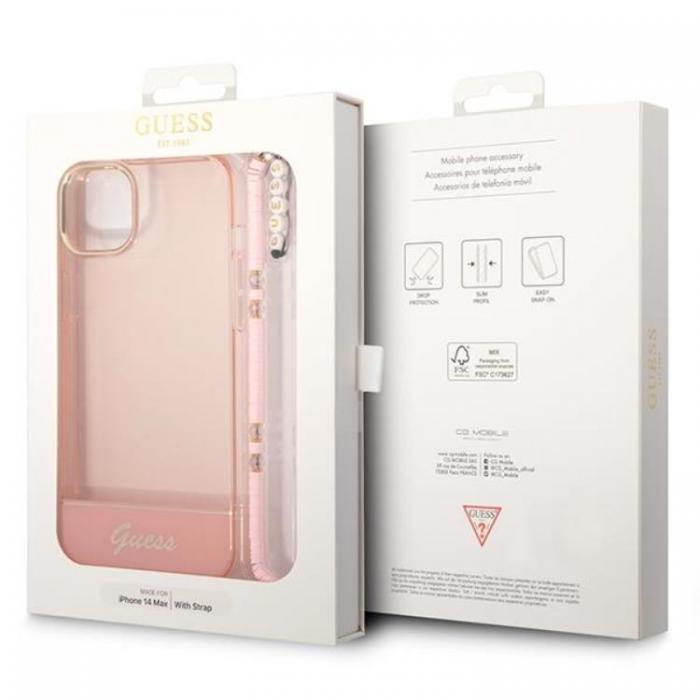 Guess - GUESS iPhone 14 Plus Skal Translucent Pearl Strap - Rosa