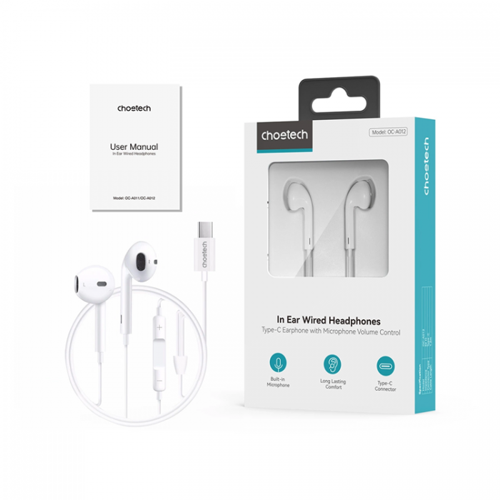 Choetech - Choetech In-Ear Hrlurar USB-C 1.2m OC-A012 - Vit