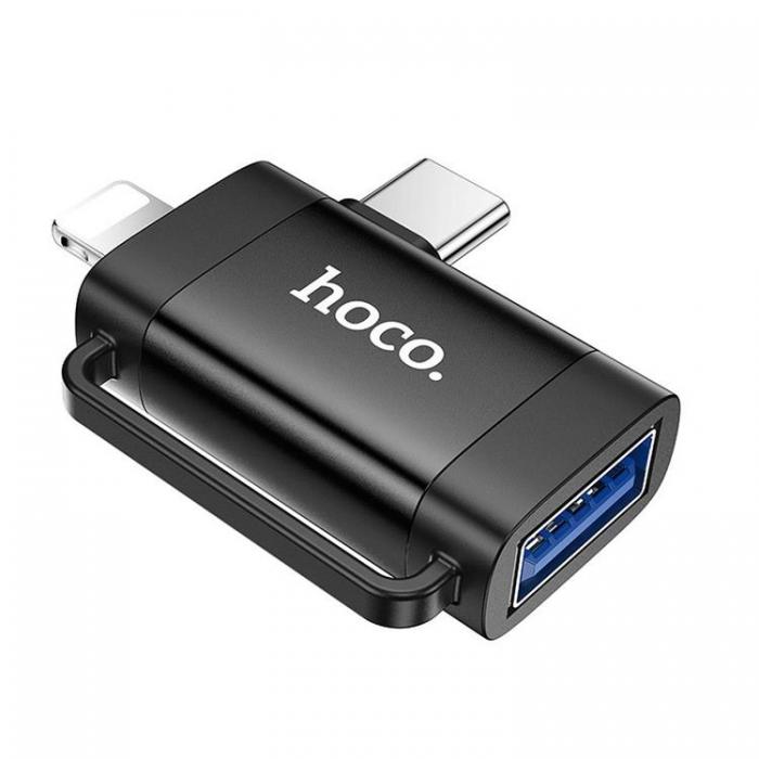 Hoco - Hoco 2in1 Adapter OTG USB-A till Lightning/USB-C UA31F - Svart