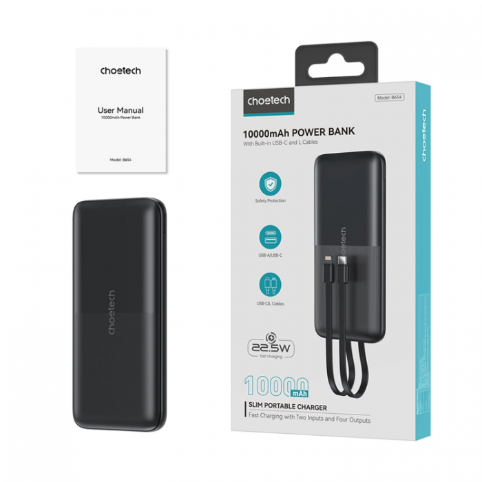 Choetech - Choetech Powerbank 10000mAh 22.5W med USB-C/Lightning Kabel