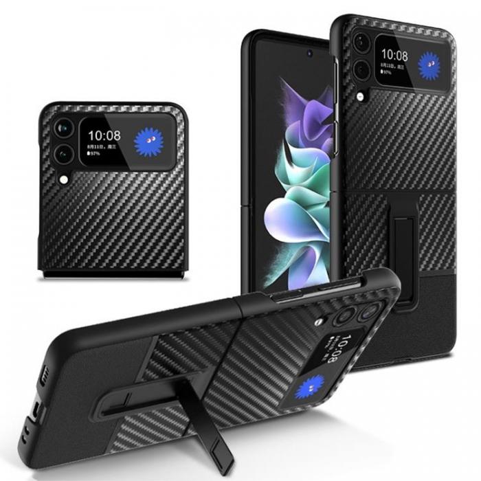 A-One Brand - Galaxy Z Flip 4 Skal Carbon Fiber Kickstand - Svart