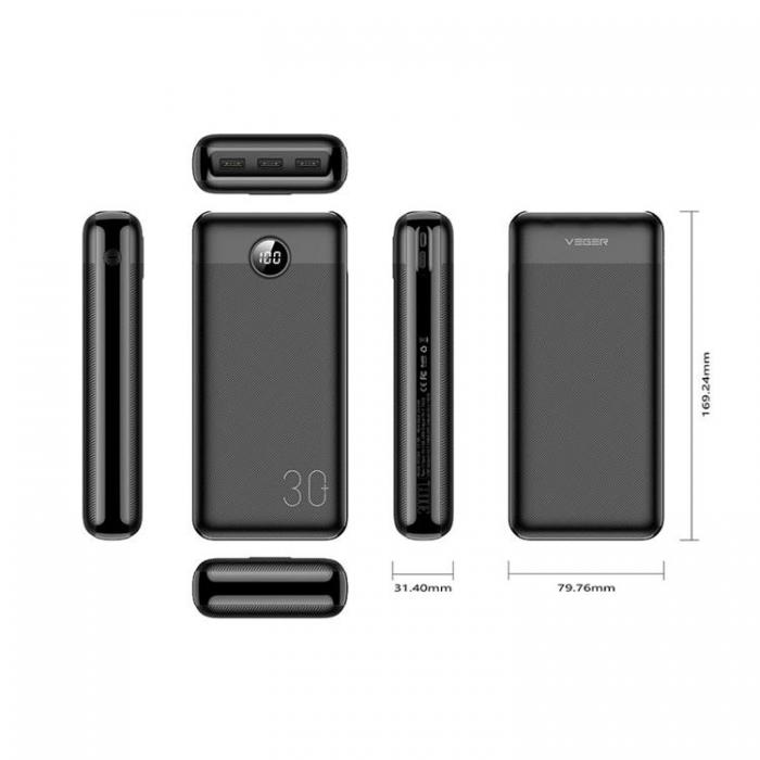 Veger - VEGER Powerbank 30000 mAh PD QC 3.0 3A 20W L30 - Svart