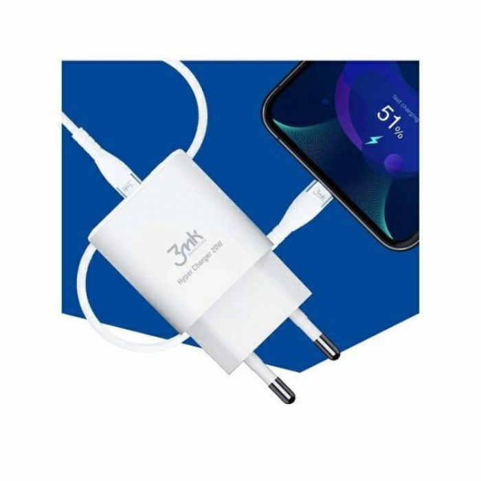 3MK - 3mk HyperCharger Vggladdare 1xUSB-C , 1xUSB-A - Vit