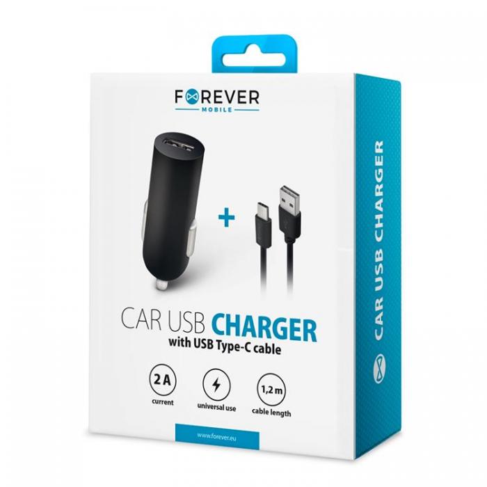 Forever - Forever Billaddare 1xUSB 2A + USB-C Kabel M02 - Svart