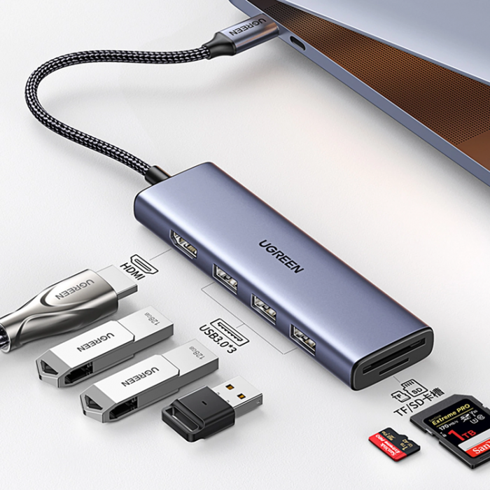 Ugreen - Ugreen 6in1 HUB USB-C Till HDMI, SD/TF Kortlsare, 3xUSB-A 3.0