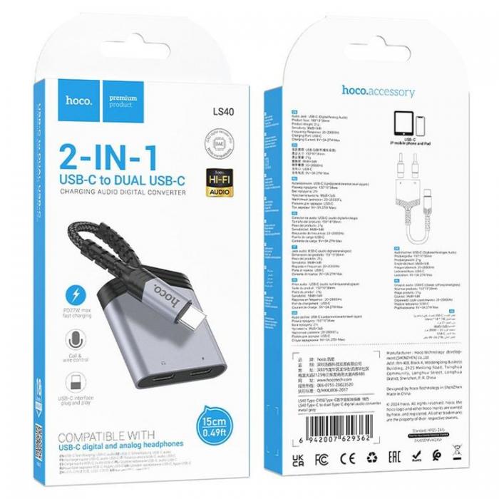 Hoco - HOCO 2in1 USB-C Till 2x USB-C 27W AUX Adapter LS40 - Gr