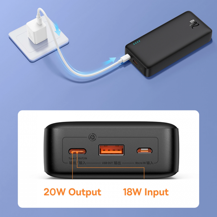 BASEUS - Baseus Powerbank 20000 mAh 20W Med USB-A Till USB-C Kabel - Svart