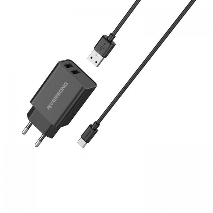 Riversong - Riversong Vggladdare 2x USB 12W med USB/USB-C Kabel - Svart