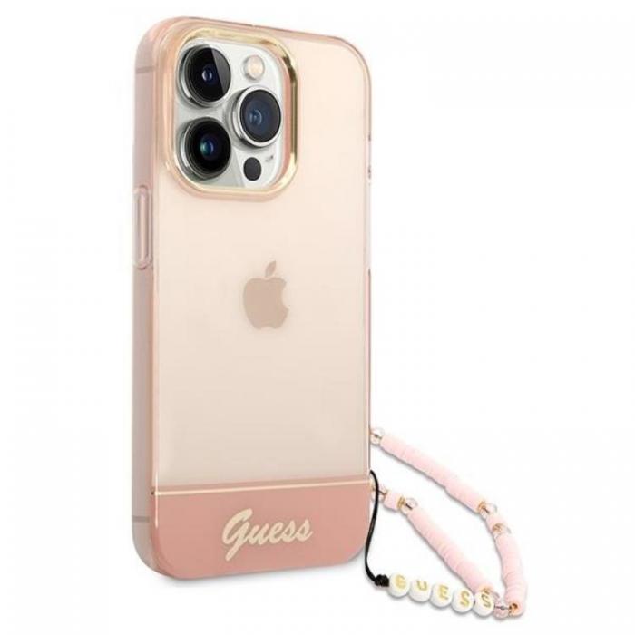 Guess - GUESS iPhone 14 Pro Skal Translucent Pearl Strap - Rosa