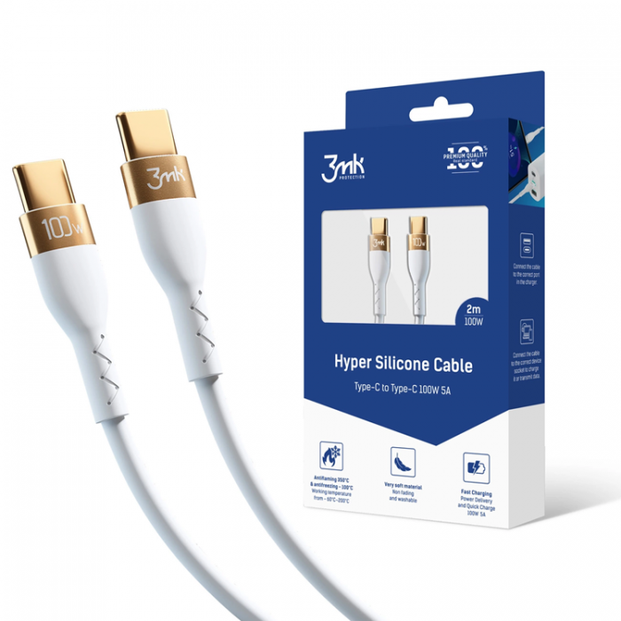 3MK - 3mK USB-C till USB-C kabel 100W 2m HyperSilikon - Vit