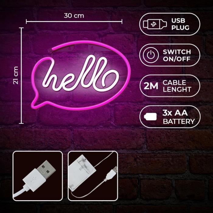 Forever Light - Forever Light LED Neon HELLO Bat FLNE15 + USB - Rosa/Vit